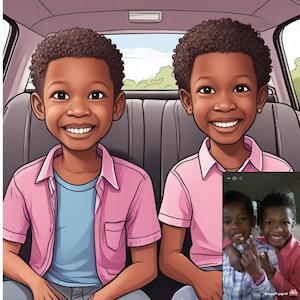 Pode incluir: Dois meninos jovens com camisas cor-de-rosa estão sentados nos bancos da frente de um carro. Eles estão sorrindo e olhando para a câmera. Uma videochamada é exibida em um telefone no carro, mostrando outros dois meninos jovens sorrindo e fazendo um sinal de paz.