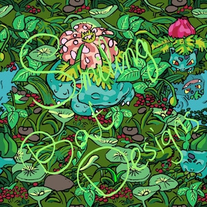 Op de afbeelding: Gedetailleerde illustratie met een herhalend patroon van een turquoise wezen met een bol op zijn rug, omgeven door weelderig groen gebladerte, roze bloemen en rode bessen. De afbeelding bevat de tekst "dreaming of designs" in neon groen.