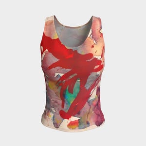 May include: A sleeveless tank top with a vibrant abstract watercolor design. The top features a base of soft beige with splashes of red, purple, blue, and yellow. The dominant red brushstrokes create a bold focal point.