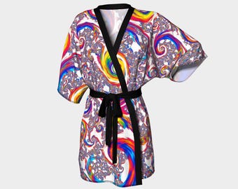 Abstract Fractal Kimono Robe: Multicolor Belted Artwear