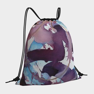Drawstring Bag gift for men or women, versatile utility tote bag, abstract design in purple and blue