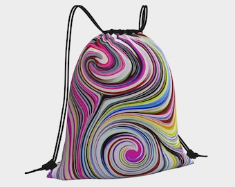 Abstract Drawstring Bag, swirled colorful design, casual drawstring tote