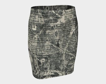 Abstract Dictionary Print Fitted Skirt: High Waist Bodycon