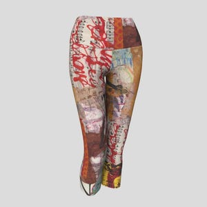 May include: High-waisted leggings with a patchwork design. The leggings feature a collage of colors, including red, brown, and beige, with abstract art and musical notes. The leggings are made of a stretchy material and are suitable for various activities.