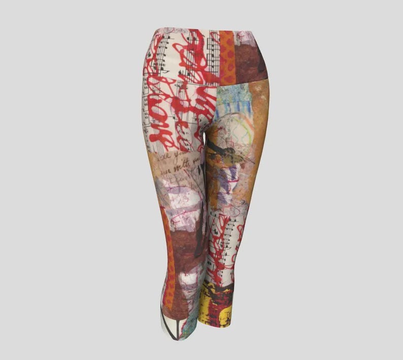 May include: High-waisted leggings with a patchwork design. The leggings feature a collage of colors, including red, brown, and beige, with abstract art and musical notes. The leggings are made of a stretchy material and are suitable for various activities.