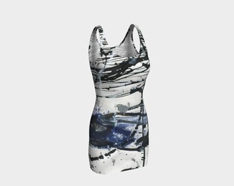 Abstract Black, White & Blue Bodycon Dress: Polyester Spandex Knit
