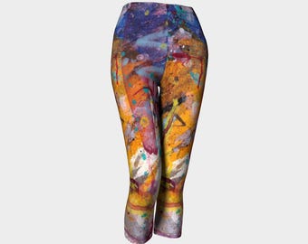 Capris, high waist, soft knit yoga pants, colorful abstract unique design