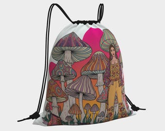 Tas met trekkoord, psychedelische vintage paddenstoel, kleurrijke rugzak met touwtjes, boho-stijl