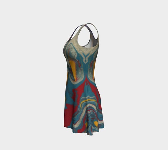 Flow patterned flare dress, multicolored original artist design, fitted top and flared bottom