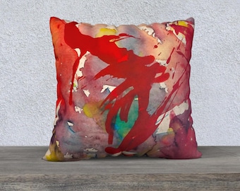 Pillow Case in Bright Red Abstract Pattern, choice of material, invisible zipper 22" x 22"