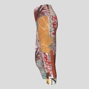 May include: A pair of leggings with a collage design. The leggings feature a mix of colors including brown, red, beige, and white. The design incorporates elements of sheet music and abstract patterns, creating a unique artistic look.