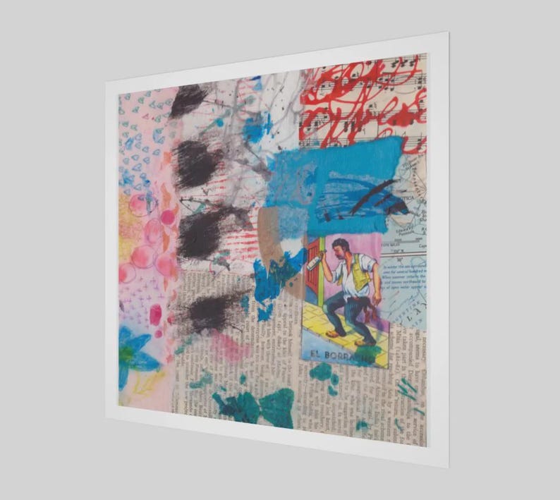 May include: Abstract mixed media artwork with a white border. The artwork features a collage of textures, including paint splatters, newsprint, and musical notes. A figure from a card game is visible.