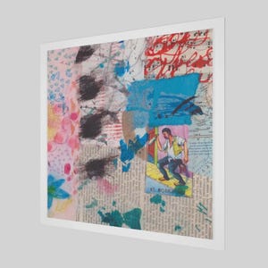 May include: Abstract mixed media artwork with a white border. The artwork features a collage of textures, including paint splatters, newsprint, and musical notes. A figure from a card game is visible.