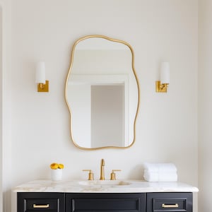 Modern Irregular Wall Mirror, Gold Framed Abstract Design, Living Room or Bathroom Mirror, Asymmetrical Mirror Home Decor