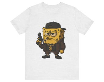 Funny Gangsta Spongebob Unisex Jersey Tee, Cartoon Character Shirt, Urban Streetwear Top, Hip Hop Graphic Tshirt, Spongebob Lover Gift