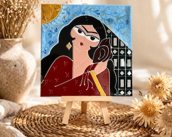 Arte de parede em azulejo persa pintado à mão | Design de espelho "Meninas"