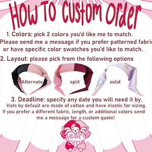 May include: Pink and white graphic with text "How To Custom Order" and instructions for ordering custom hats. Includes options for colors, layouts, and deadlines. Features examples of hat styles.