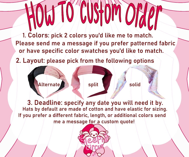 May include: Pink and white graphic with text "How To Custom Order" and instructions for ordering custom hats. Includes options for colors, layouts, and deadlines. Features examples of hat styles.