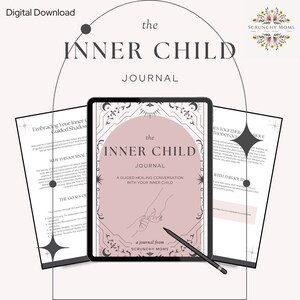 May include: A digital download of a journal titled "The Inner Child Journal: A Guided Healing Conversation with Your Inner Child." The journal cover features a pink background with black and white illustrations of a moon, stars, and hands holding each other. The text "a journal from SCRUNCHY MOMS" is at the bottom of the cover.