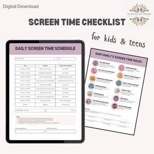 May include: A printable screen time checklist for kids and teens. The checklist includes a daily screen time schedule and a list of family screen time rules. The rules include things like balance is key, share and care, homework comes first, quality over quantity, family time is precious, bedtime buffer, be kind online, ask before downloading, time limits, and device-free zones.