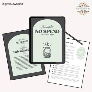 May include: A digital download for a no-spend challenge book. The cover features a green jar with coins and the text "The complete NO SPEND CHALLENGE BOOK".