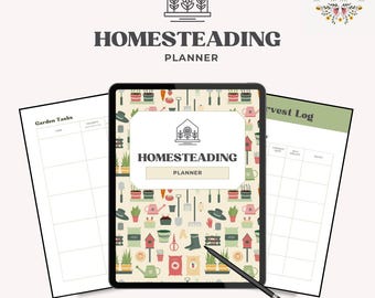 May include: A digital download for a homesteading planner. The cover features a light yellow background with a pattern of gardening tools, plants, and other items. The title "Homesteading Planner" is in black text.