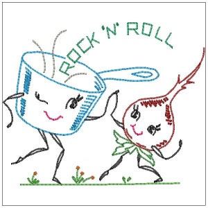 May include: A cartoon illustration of a blue pot and a red beet dancing with the text "Rock 'n' Roll" above them.