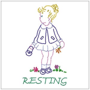 May include: A line drawing of a girl with blonde hair wearing a purple jacket and a white skirt. She is holding a flower and standing in a field of flowers. The text "RESTING" is written below the girl.