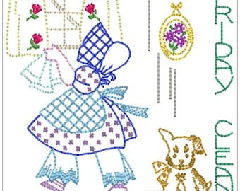 Vintage Sun Bonnet Sue Chores Day of Week DOW Machine Embroidery Design 4x4