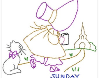 Vintage Sun Bonnet Sue Cat/Kitten DOW Days of the Week towel  Designs Machine Embroidery Designs 4x4