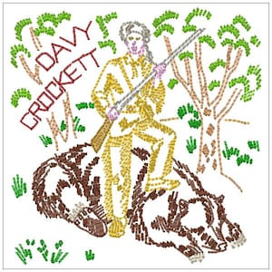 May include: A colourful embroidered image of Davy Crockett, a famous American frontiersman, holding a rifle and sitting on two bears. The text "Davy Crockett" is embroidered in red and green.