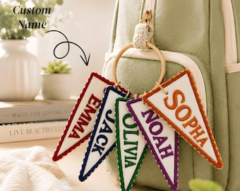 Personalized Embroidered Pennant Keychain, Custom Fabric Name Tag, Backpack Charm