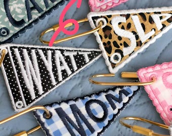 Personalized Embroidered Triangle Flag Keychain, Custom Fabric Backpack Tag