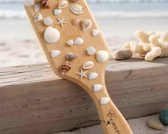 Custom Ocean Pearl Hair Brush, Personalized Bridal Beach Wedding Accessory