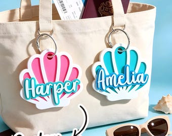 Personalized Seashell Name Keychain, Custom Acrylic Beach Bag Charm, Coastal Ocean Tag