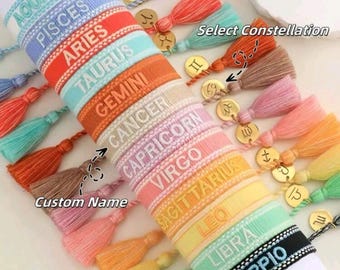 Custom Embroidered Woven Bracelet • Zodiac Constellation, Tassel Wristband