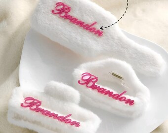 Personalized Fluffy Faux Fur Hair Brush Set – Customized Claw Clip – Cozy Winter Hair Accessory