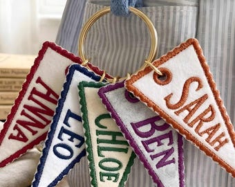 Personalized Embroidered Pennant Bag Tag | Custom Name Luggage Charm Keychain