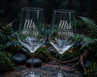 Personalized Mr. Mrs. Wine Glasses, Laser Engraved Wedding Toasting Flutes