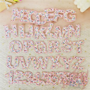 May include: A full alphabet and number set, featuring fabric letters and numbers. Each letter and number is white with a floral pattern in pink, yellow, and green, outlined with a pink border. The letters and numbers are arranged on a cream-colored surface.