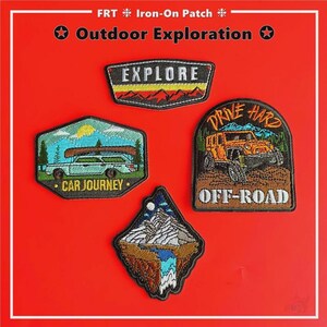 May include: Four embroidered iron-on patches with outdoor themes. The patches feature the phrases "EXPLORE", "CAR JOURNEY", "DRIVE HARD OFF-ROAD", and a mountain scene. The patches are on a red background with the text "Outdoor Exploration".