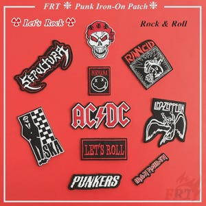 May include: A collection of punk rock and heavy metal iron-on patches on a red background. The patches feature band logos like AC/DC, Nirvana, and Led Zeppelin, along with phrases such as "Let's Rock" and "Punkers".