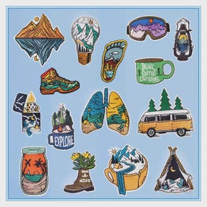 May include: A collection of embroidered patches with outdoor and travel themes. Designs include a mountain range, a lightbulb with a mountain scene, ski goggles, a lantern, a hiking boot, a coffee mug with text, a lighter, a van, and a tent.