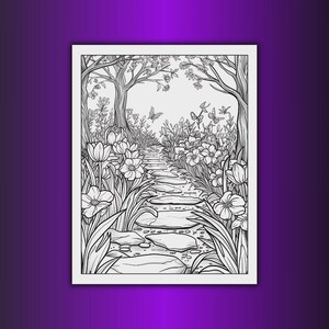 May include: Black and white line art illustration of a garden path. The path is made of stepping stones and leads through a garden filled with flowers, trees, and butterflies. The image is framed by a white border.