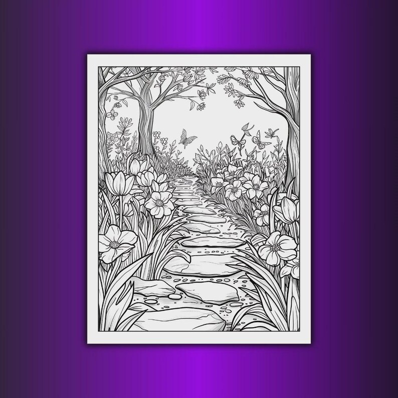 May include: Black and white line art illustration of a garden path. The path is made of stepping stones and leads through a garden filled with flowers, trees, and butterflies. The image is framed by a white border.