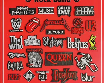 May include: A collection of iron-on patches featuring rock band logos on a red background. Bands include Foo Fighters, Muse, Green Day, Radiohead, The Who, Metallica, and more. The text "Rock Band" is at the top.
