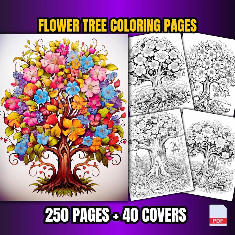 Flower Tree Coloring Pages | 250 Unique Designs (PDF Format) - Etsy