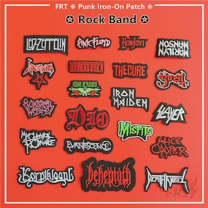 Może przedstawiać: Kolekcja czarnych, czerwonych i zielonych naszywek do naprasowywania z logo zespołów rockowych, w tym Led Zeppelin, Pink Floyd i The Cure. Naszywki są wyświetlane na czerwonym tle z napisem "Rock Band".