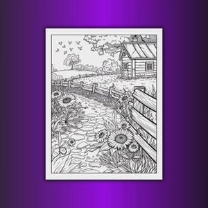 May include: Black and white line art illustration of a country scene. A stone path leads to a small cabin, bordered by a wooden fence and sunflowers. Butterflies and a tree are in the background.