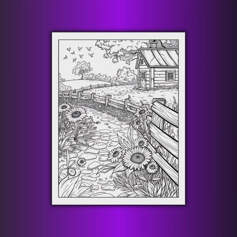 May include: Black and white line art illustration of a country scene. A stone path leads to a small cabin, bordered by a wooden fence and sunflowers. Butterflies and a tree are in the background.